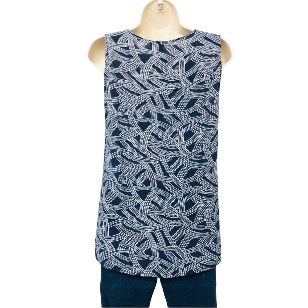 Banana Republic Lightweight Navy White Swirl Print Sleeveless Top Ruffle Front - Picture 2 of 16